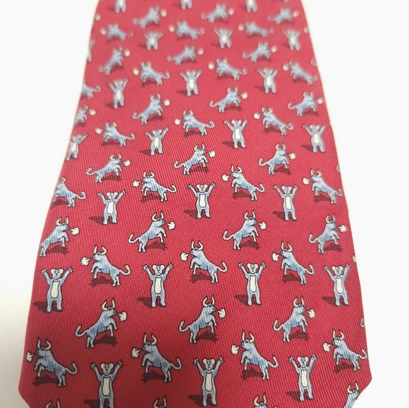Vineyard Vines Mens Bull Bear Stock Market Wall Street Silk Red Neck Tie - Picture 2 of 5